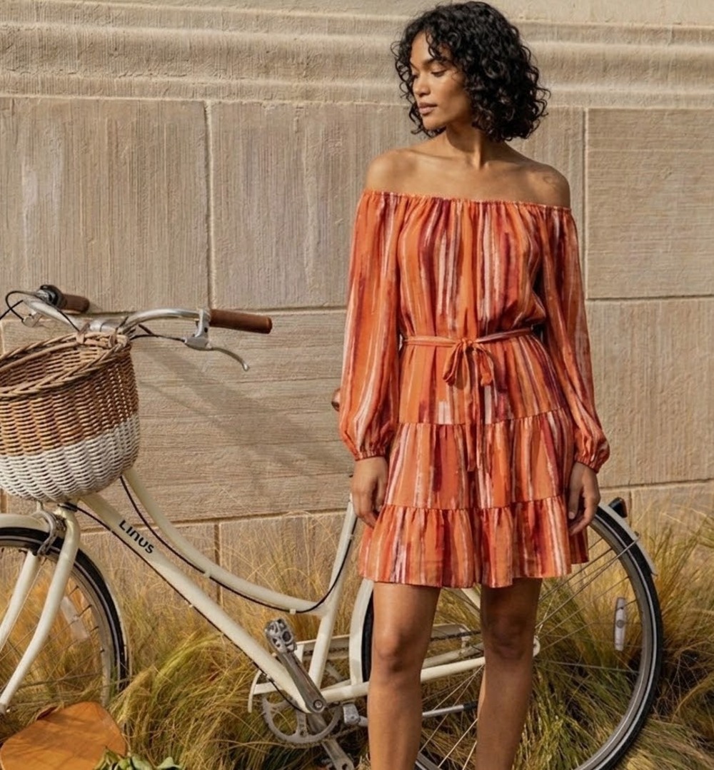 Tart Collections Naomi Tiered Mini Dress Orange Burgundy Abstract Stripe Boho XS
